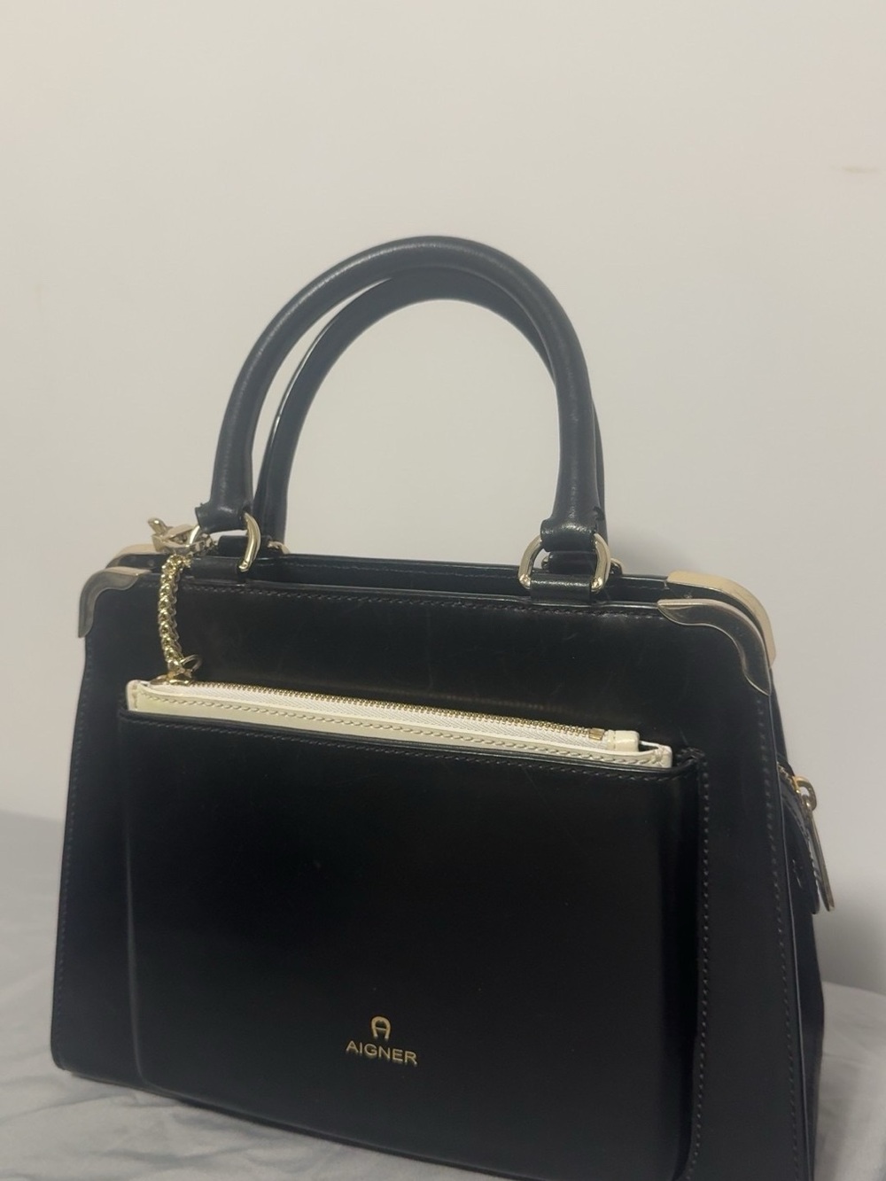 Black Leather Top-Handle Satchel with Cream Zip Accent